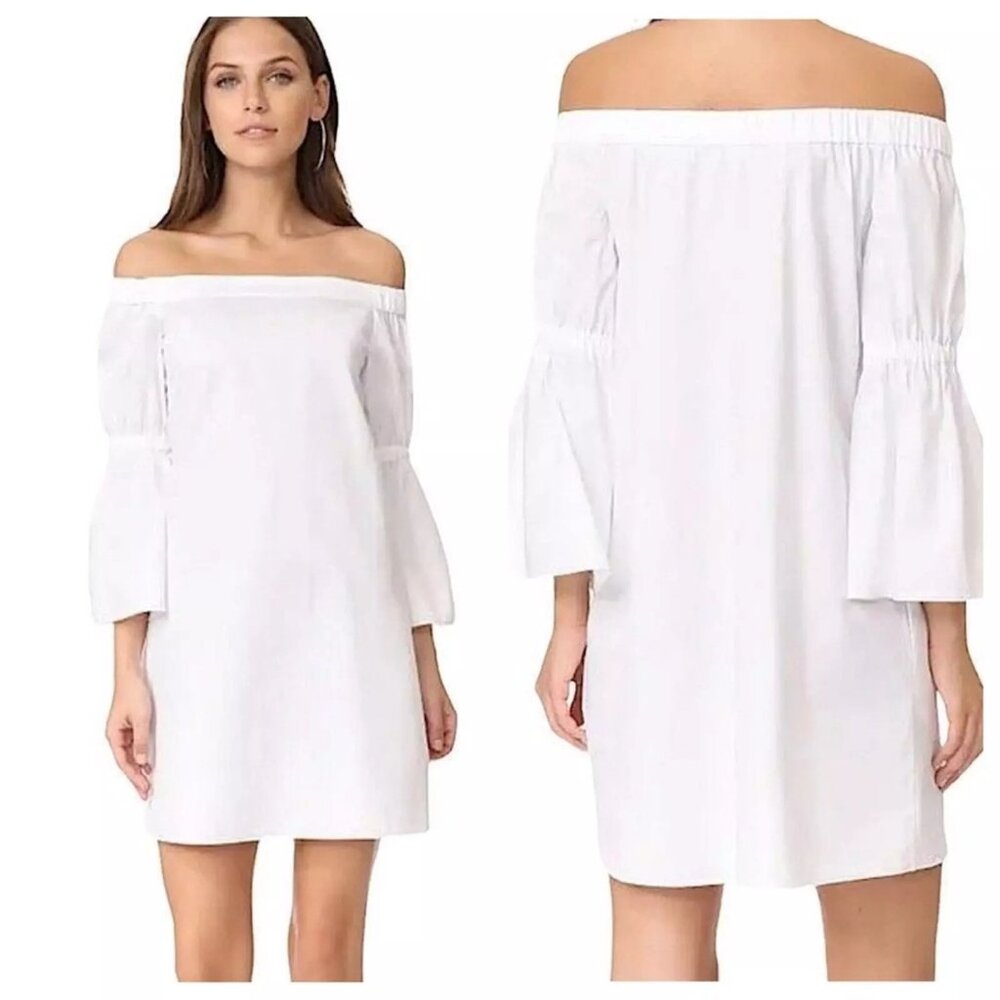 Tibi Mini Shift Dress Off-The-Shoulder Bateau Neck Bell Sleeve Sz 4 White NEW